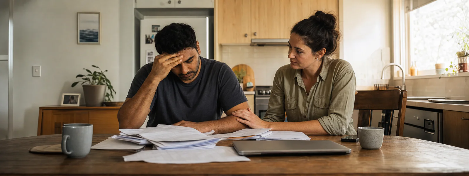 Fictional scene of one adult supporting another while they review paperwork